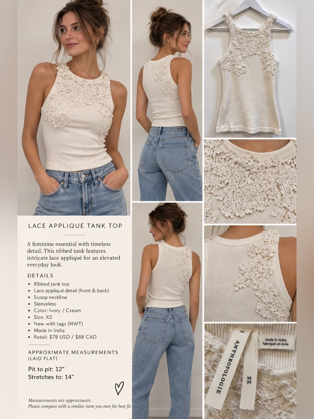 NWT Anthropologie Lace Appliqué Ribbed Tank Top Ivory XS